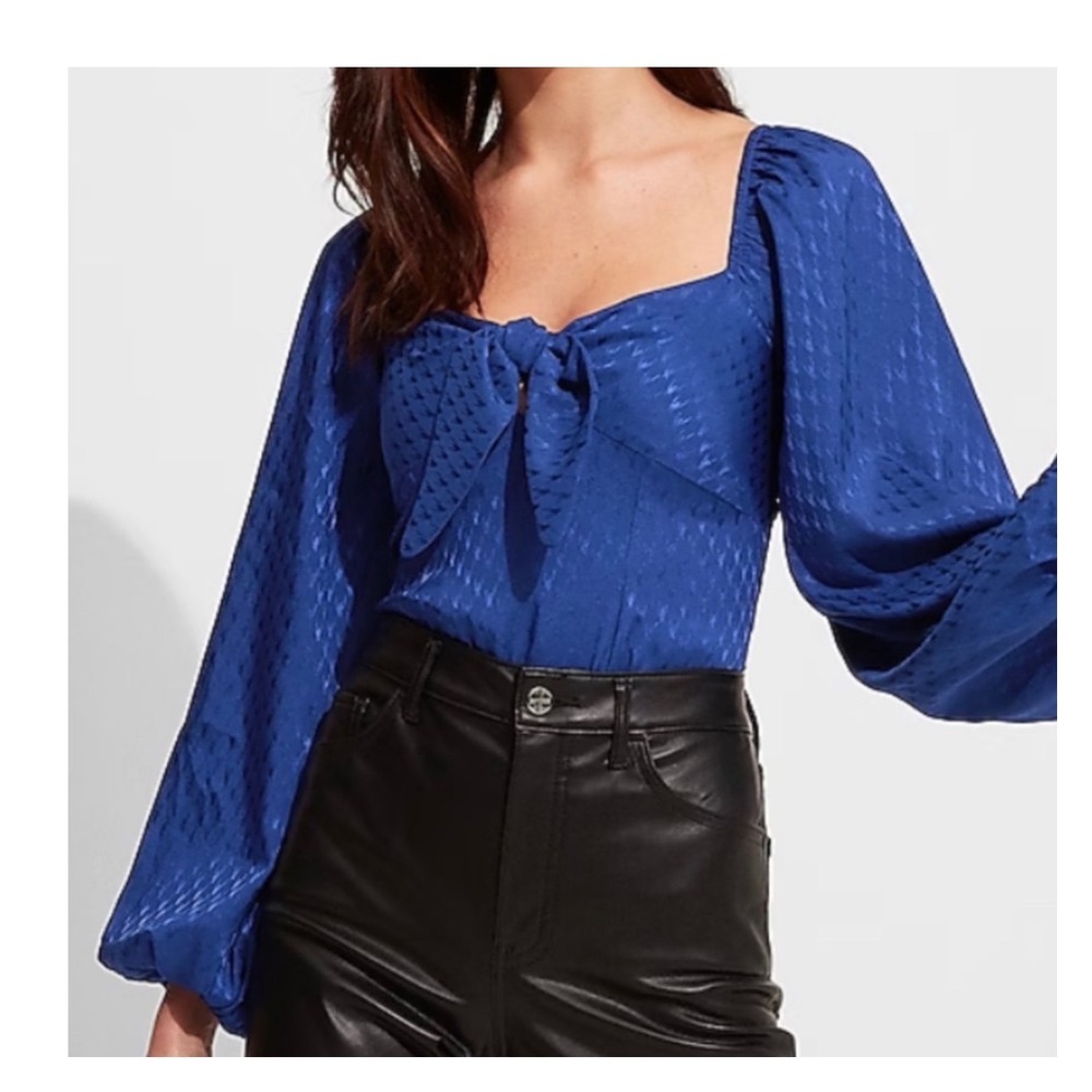 Express Royal Blue Smocked Bodice Bodysuit‎ Puff Sleeve Square Neck M